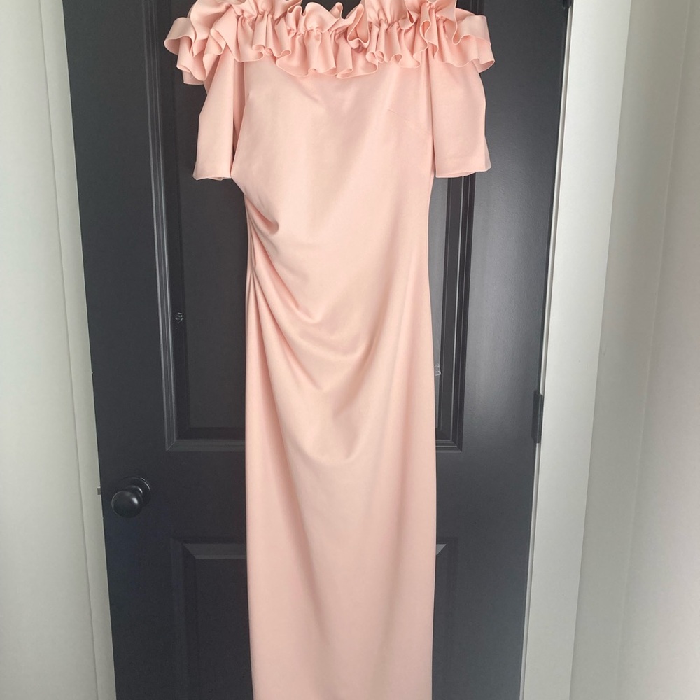 Xscape Ruffle off Shoulder Mother of Bride Groom Dress blush pink fits like a 12